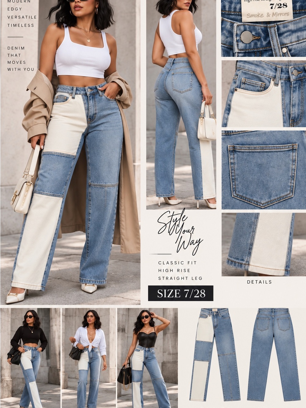 Tantrums Two-Tone Straight Leg Patchwork Jeans — Light Blue & Cream